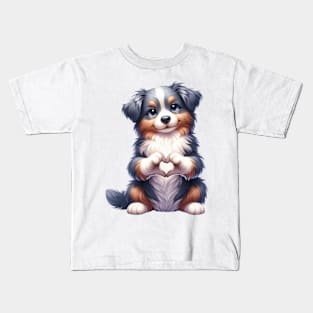 Valentine Australian Shepherd Dog Giving Heart Hand Sign Kids T-Shirt